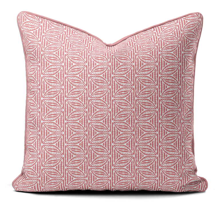 Hand-printed pink cottage leaves cushion, organic fabric