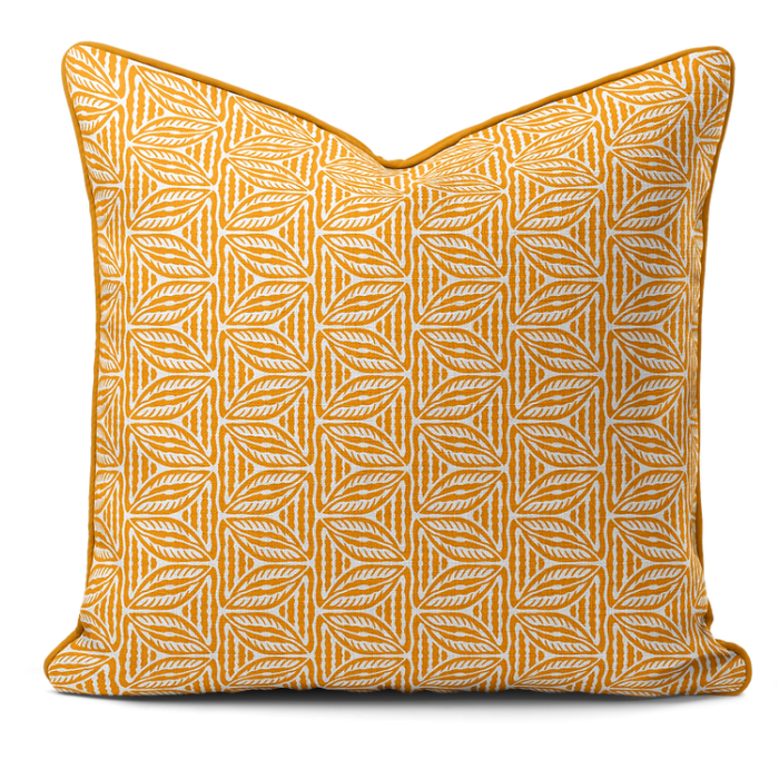 Hand-printed yellow cottage leaves cushion, organic fabric