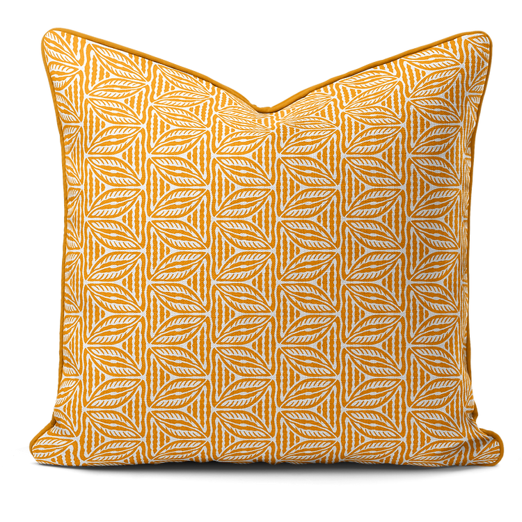 Hand-printed yellow cottage leaves cushion, organic fabric