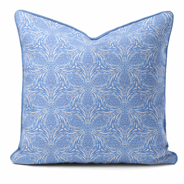 Hand-printed navy yellow, thistle cushion, organic fabric