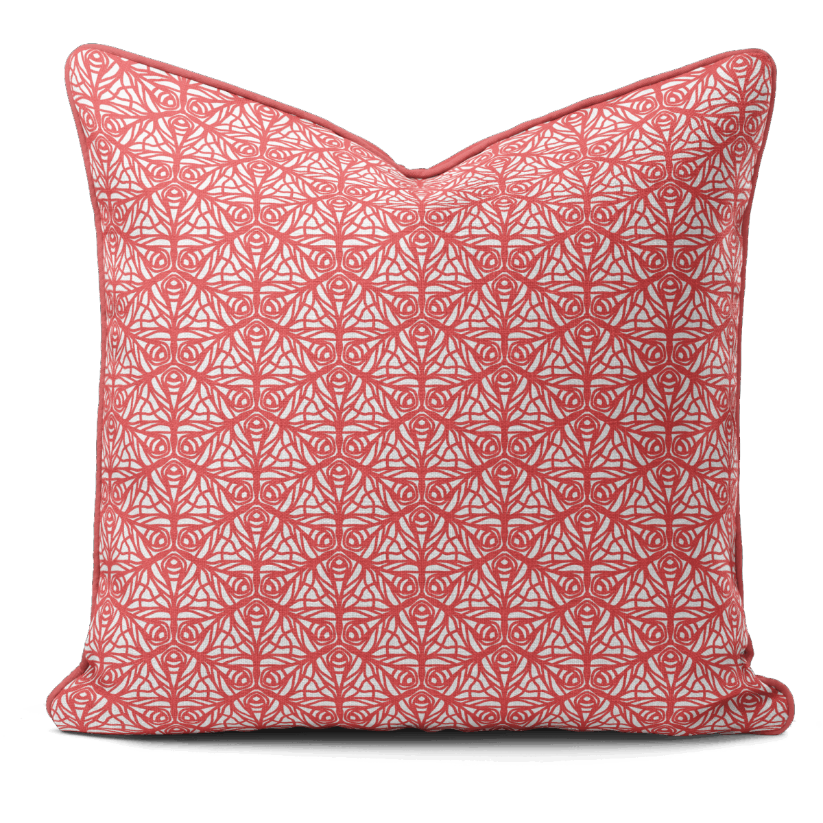 Hand-printed coral butterfly garden cushion, organic fabric