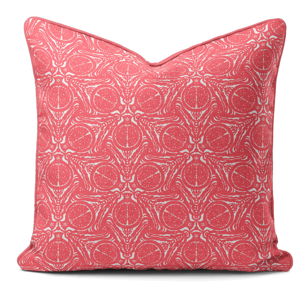 Hand-printed flamingo colour pomegranate cushion, organic fabric