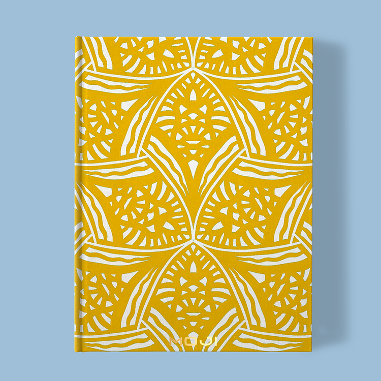 Hand-printed yellow evening lavedar notebook, organic fabric
