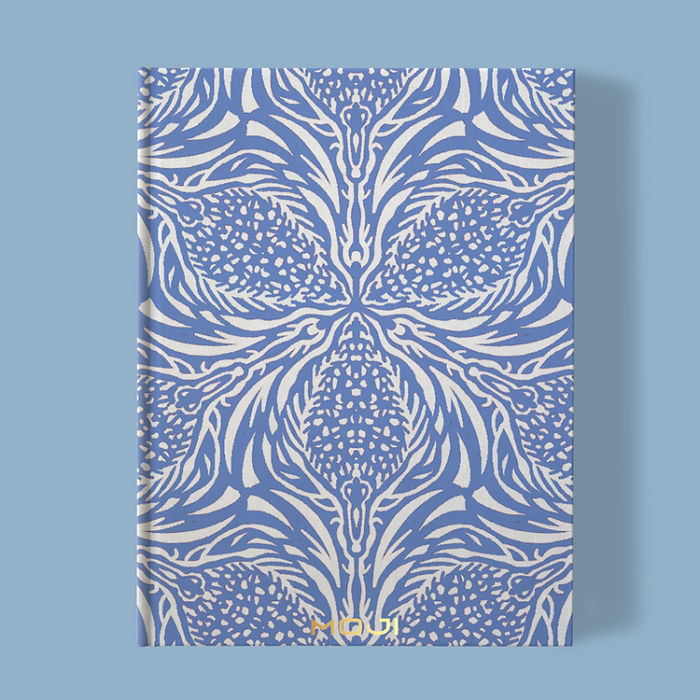 Hand-printed blue thistle notebook, organic fabric
