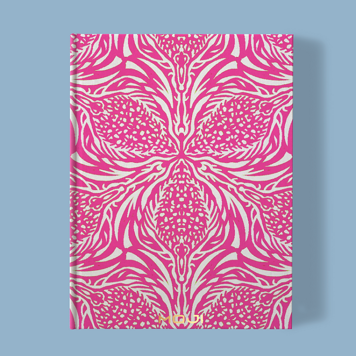 Hand-printed cerise thistle notebook, organic fabric