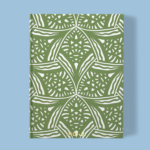 Hand-printed sage green evening lavedar notebook, organic fabric