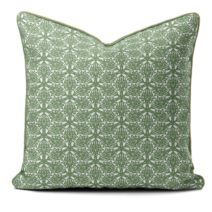 Hand-printed sage green flower meadow cushion, organic fabric