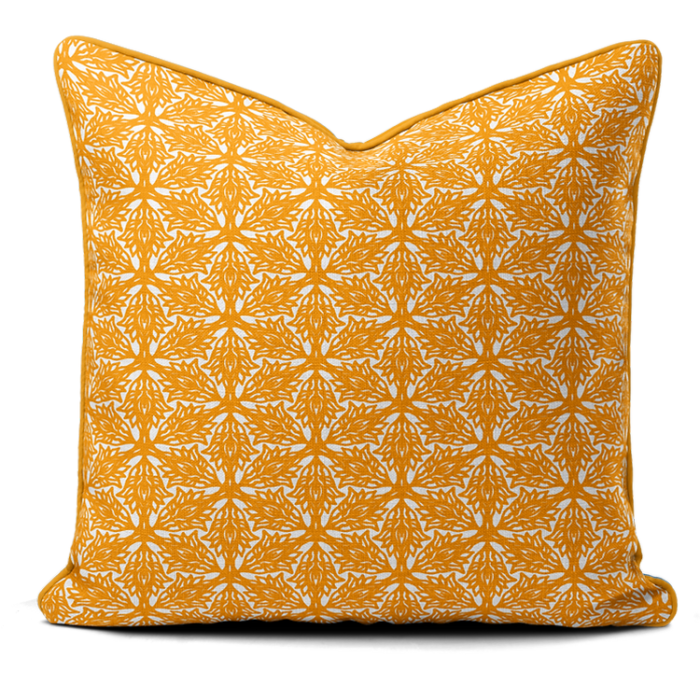 Hand-printed yellow flower meadow cushion, organic fabric