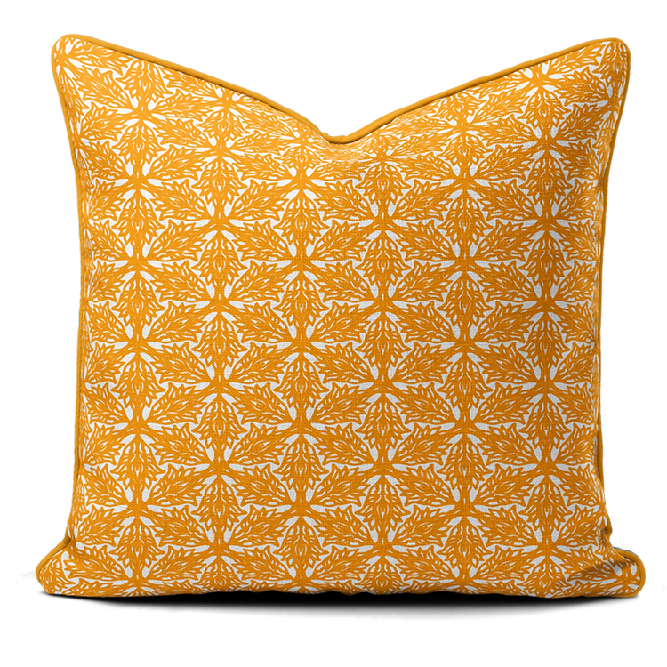 Hand-printed yellow flower meadow cushion, organic fabric