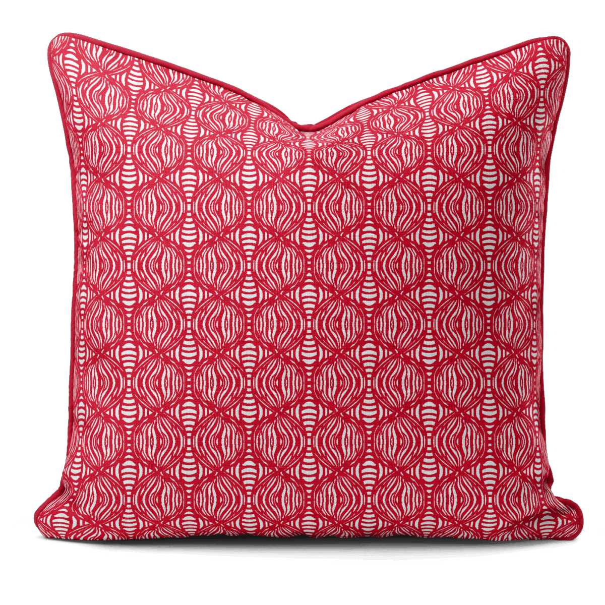 Hand-printed red shimmering pearls cushion, organic fabric