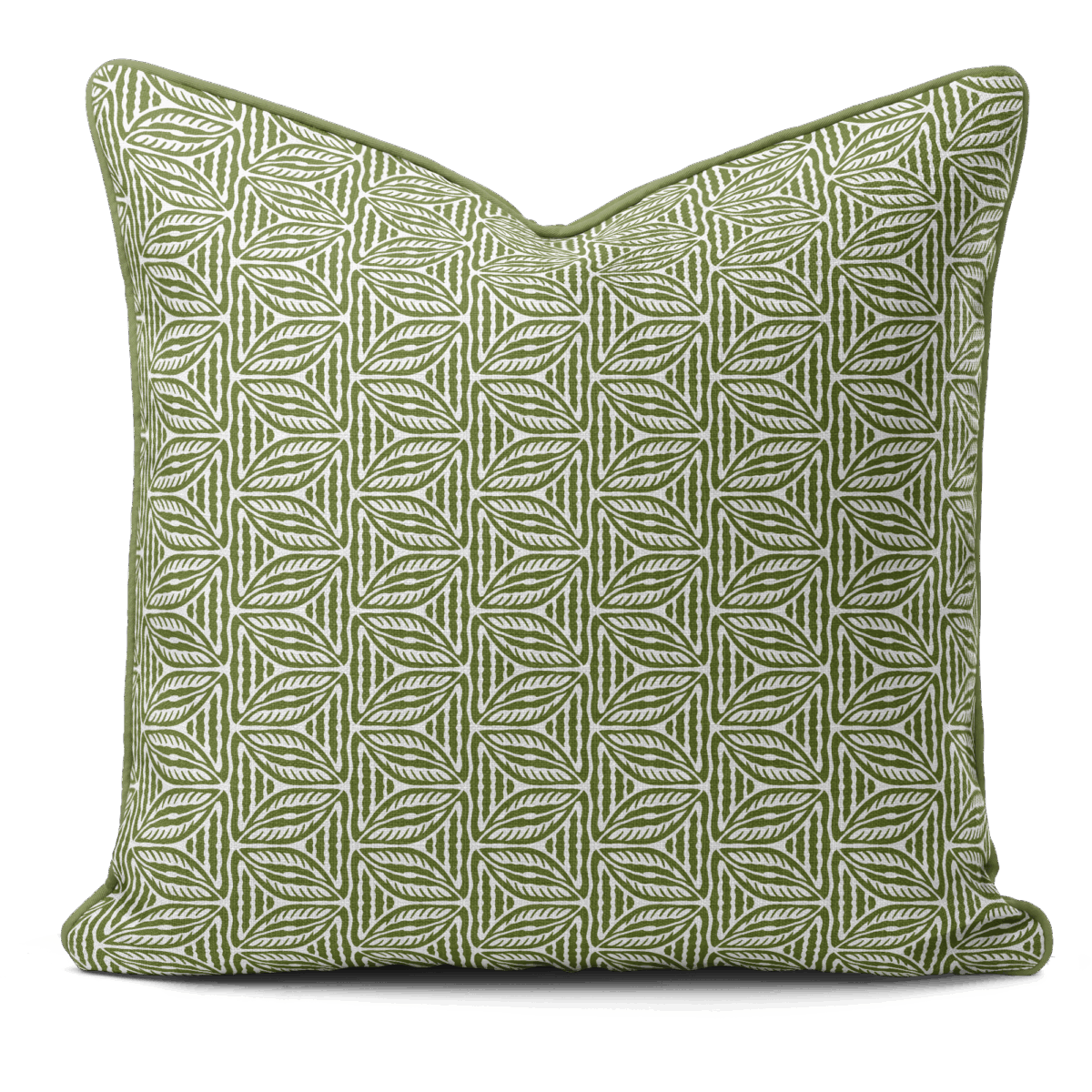 Hand-printed sage green cottage leaves cushion, organic fabric