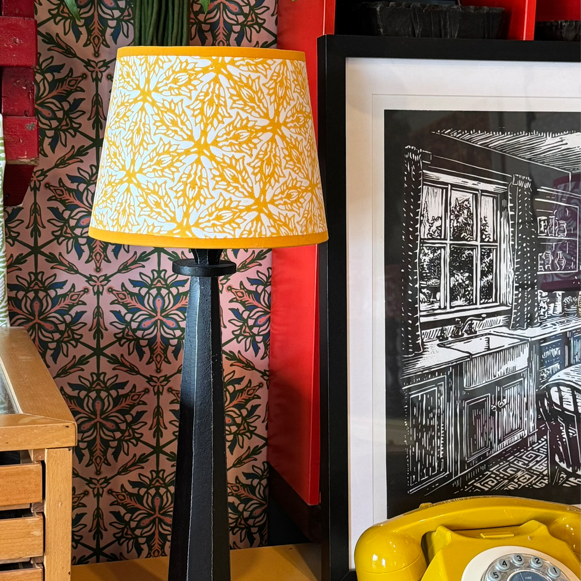 Block printed lampshades, made in the UK by Moji Designs