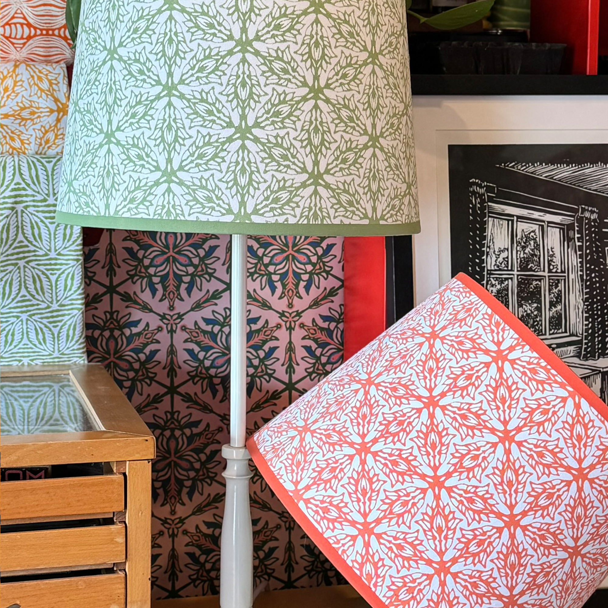 Block printed lampshades, made in the UK by Moji Designs
