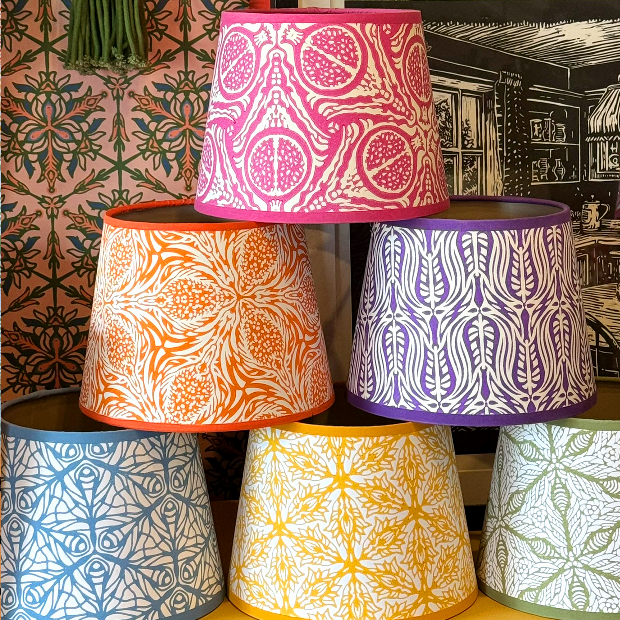 Block printed lampshades, made in the UK by Moji Designs