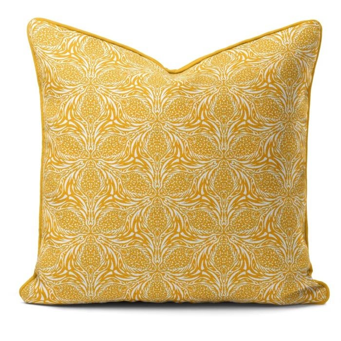 Hand-printed yellow thistle cushion, organic fabric