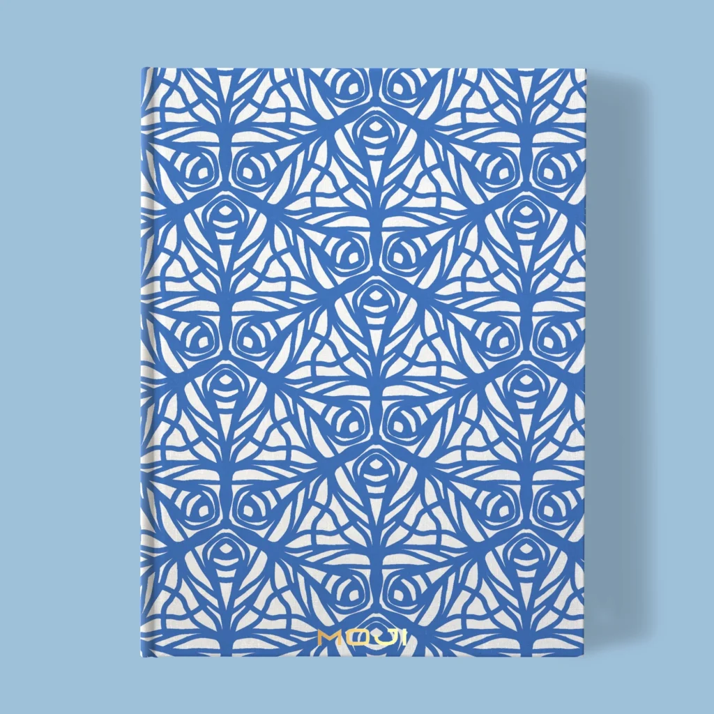Hand-printed blue butterfly garden notebook, organic fabric
