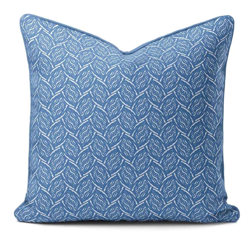 Hand-printed blue seed pod cushion, organic fabric