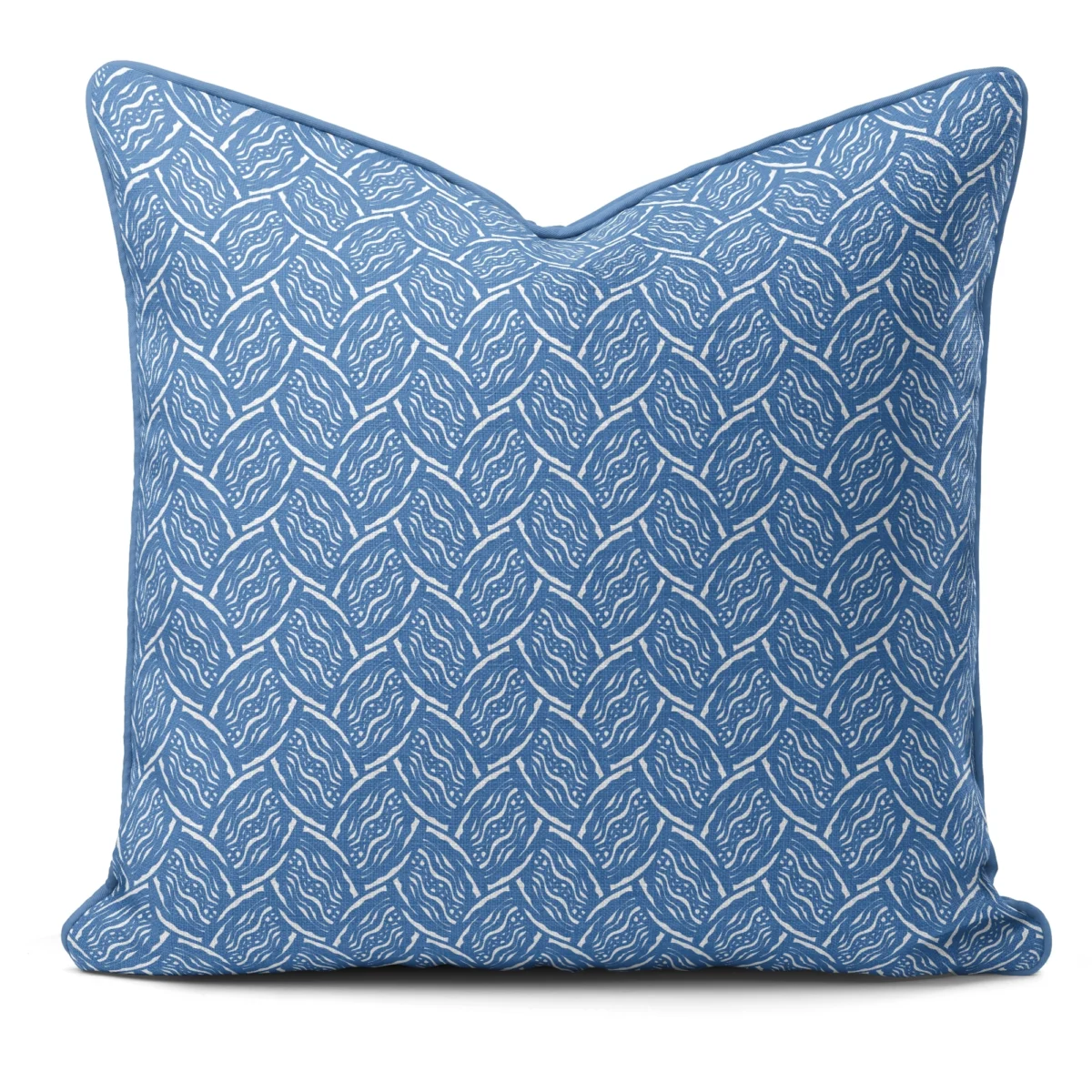 Hand-printed blue seed pod cushion, organic fabric