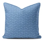 Hand-printed blue seed pod cushion, organic fabric
