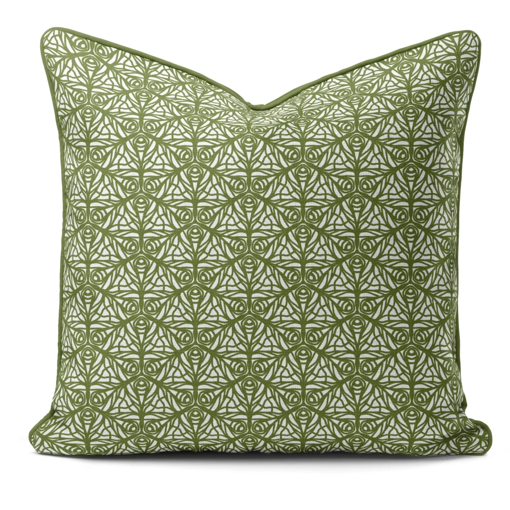 Hand-printed sage green butterfly garden cushion, organic fabric