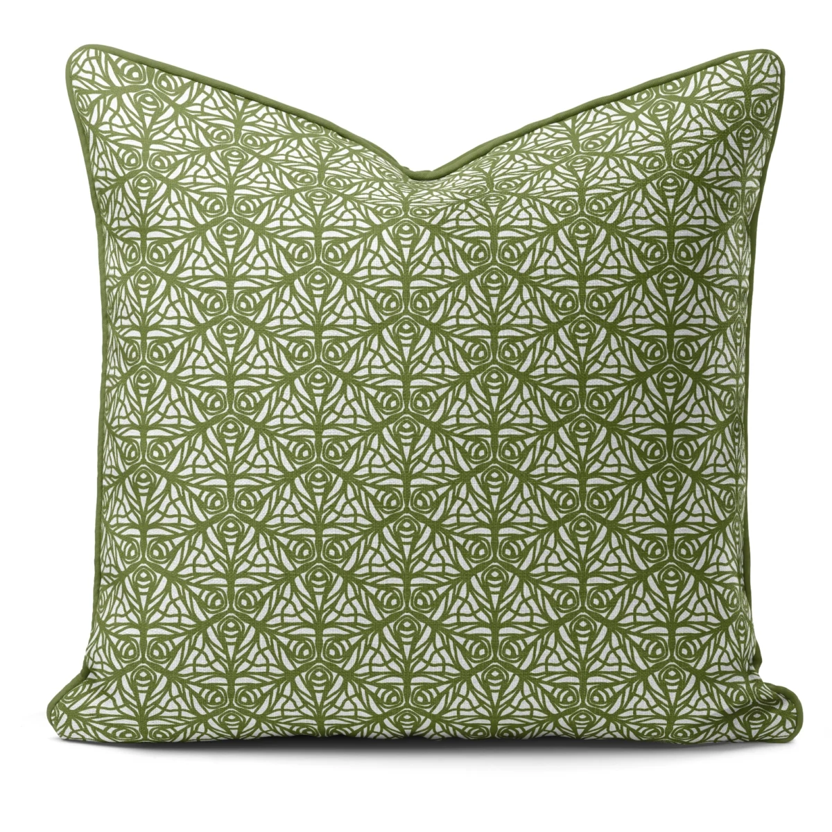 Hand-printed sage green butterfly garden cushion, organic fabric