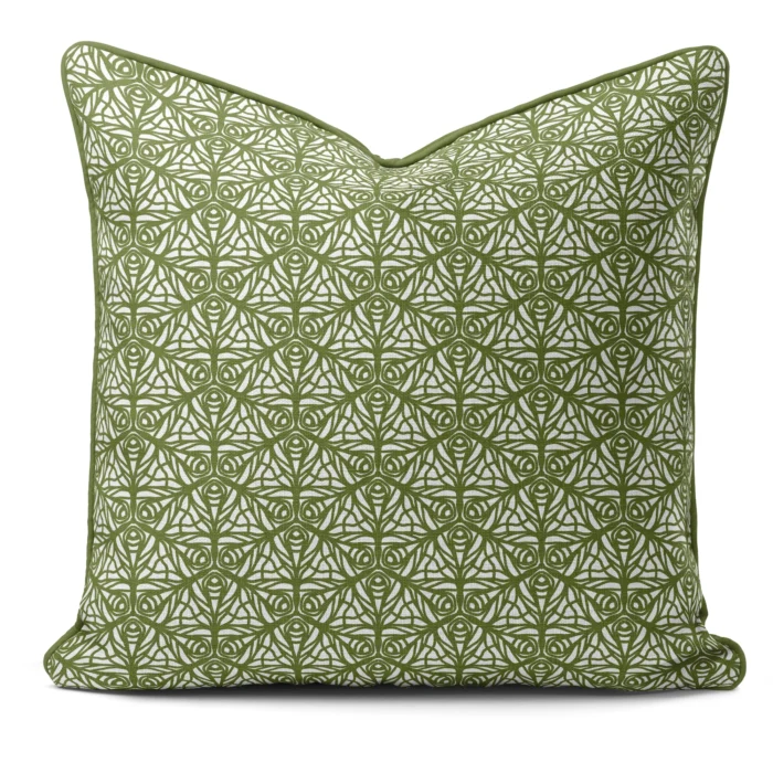 Hand-printed sage green butterfly garden cushion, organic fabric