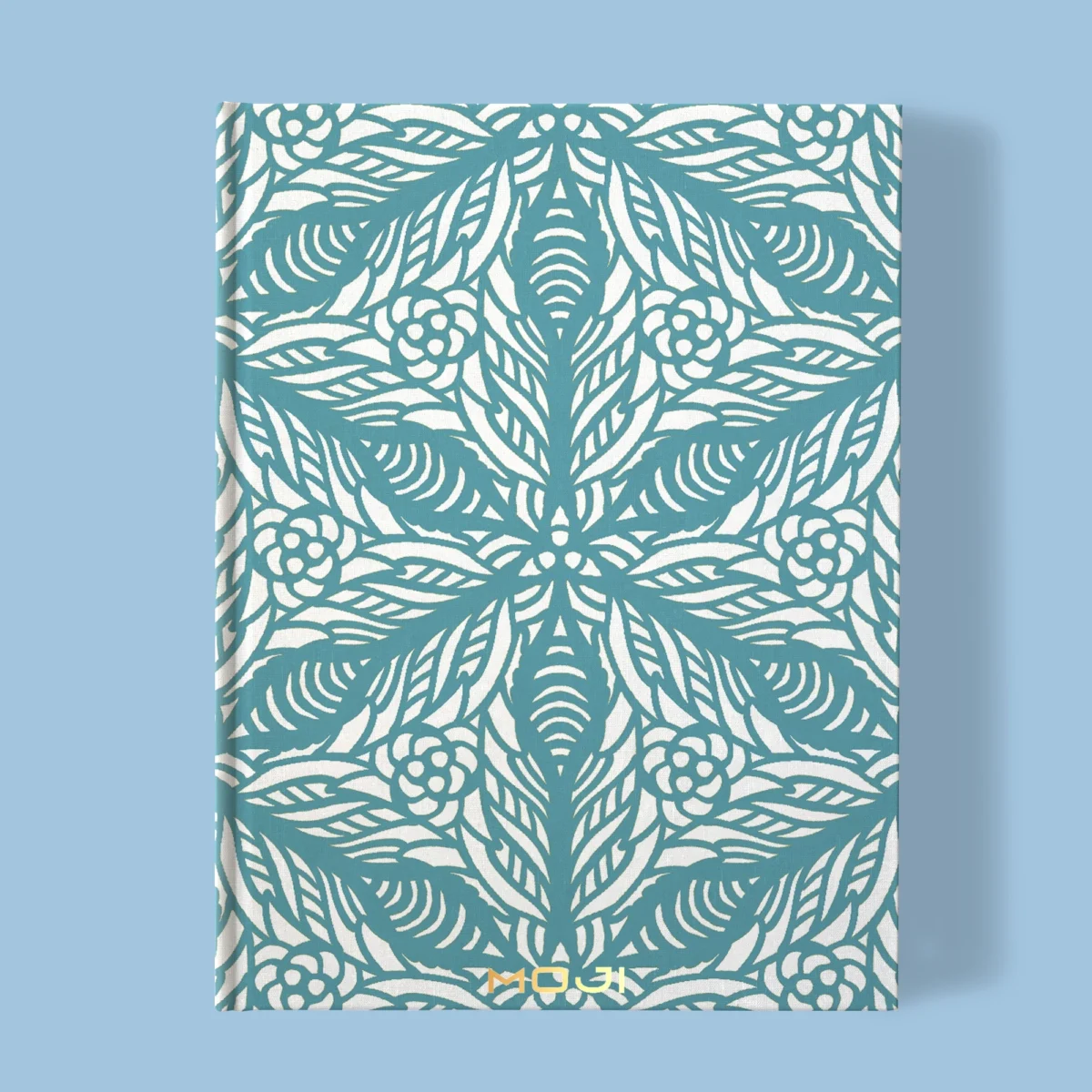 Hand-printed teal persian lily notebook, organic fabric