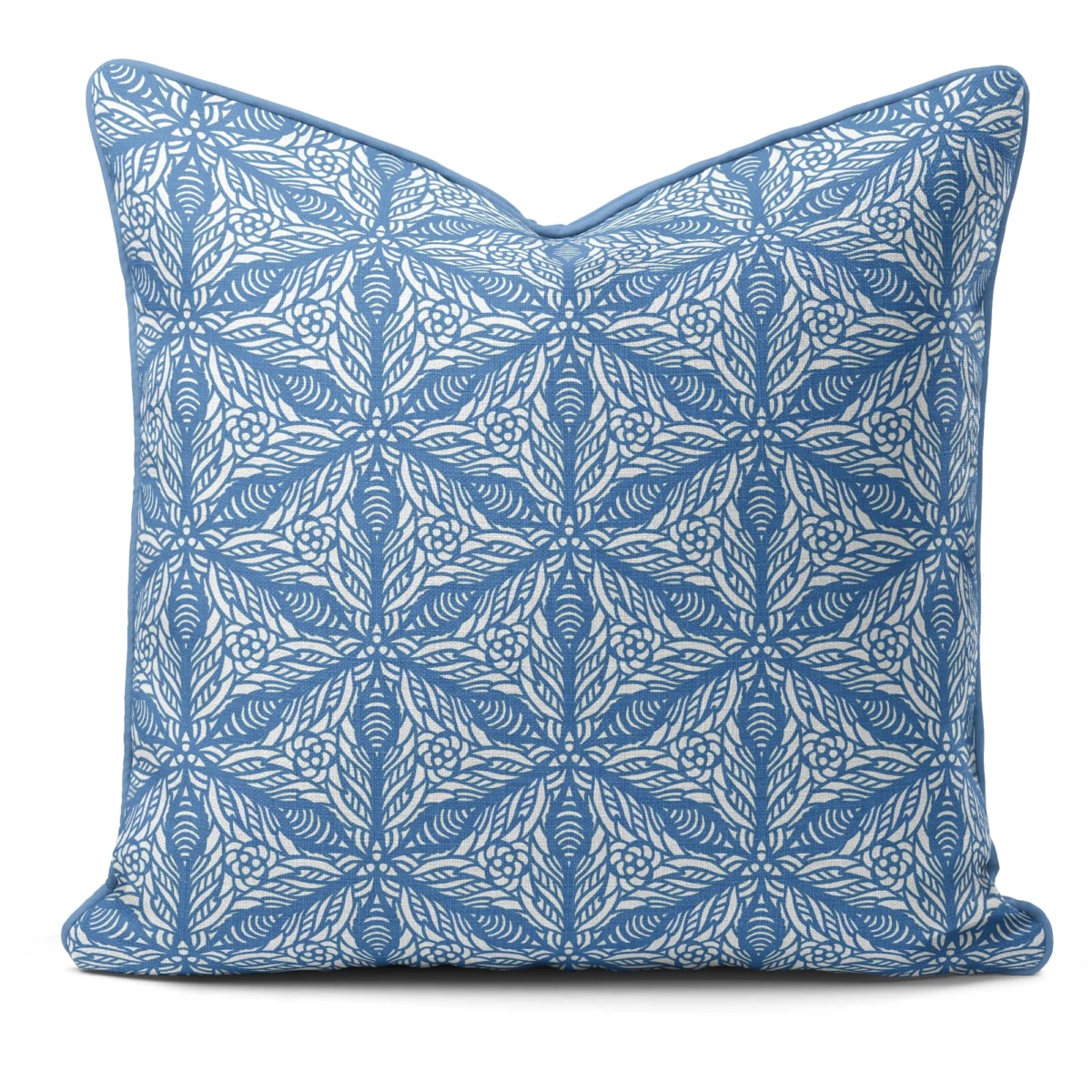 Hand-printed blue Persian lily cushion, organic fabric