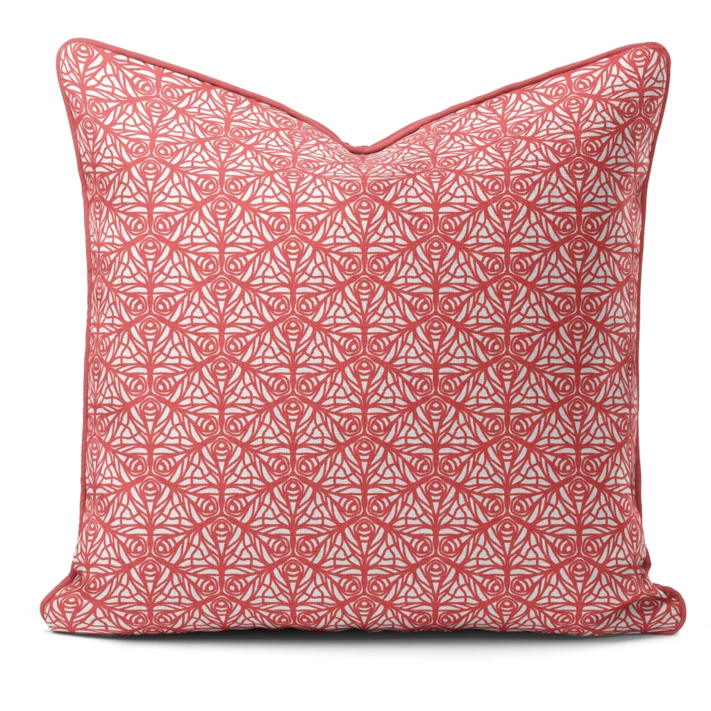 Hand-printed coral butterfly garden cushion, organic fabric