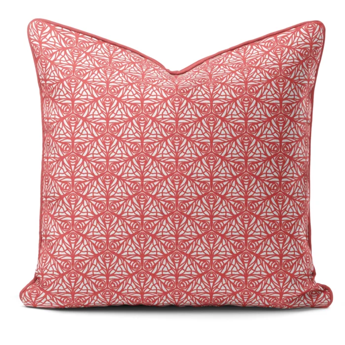 Hand-printed coral butterfly garden cushion, organic fabric