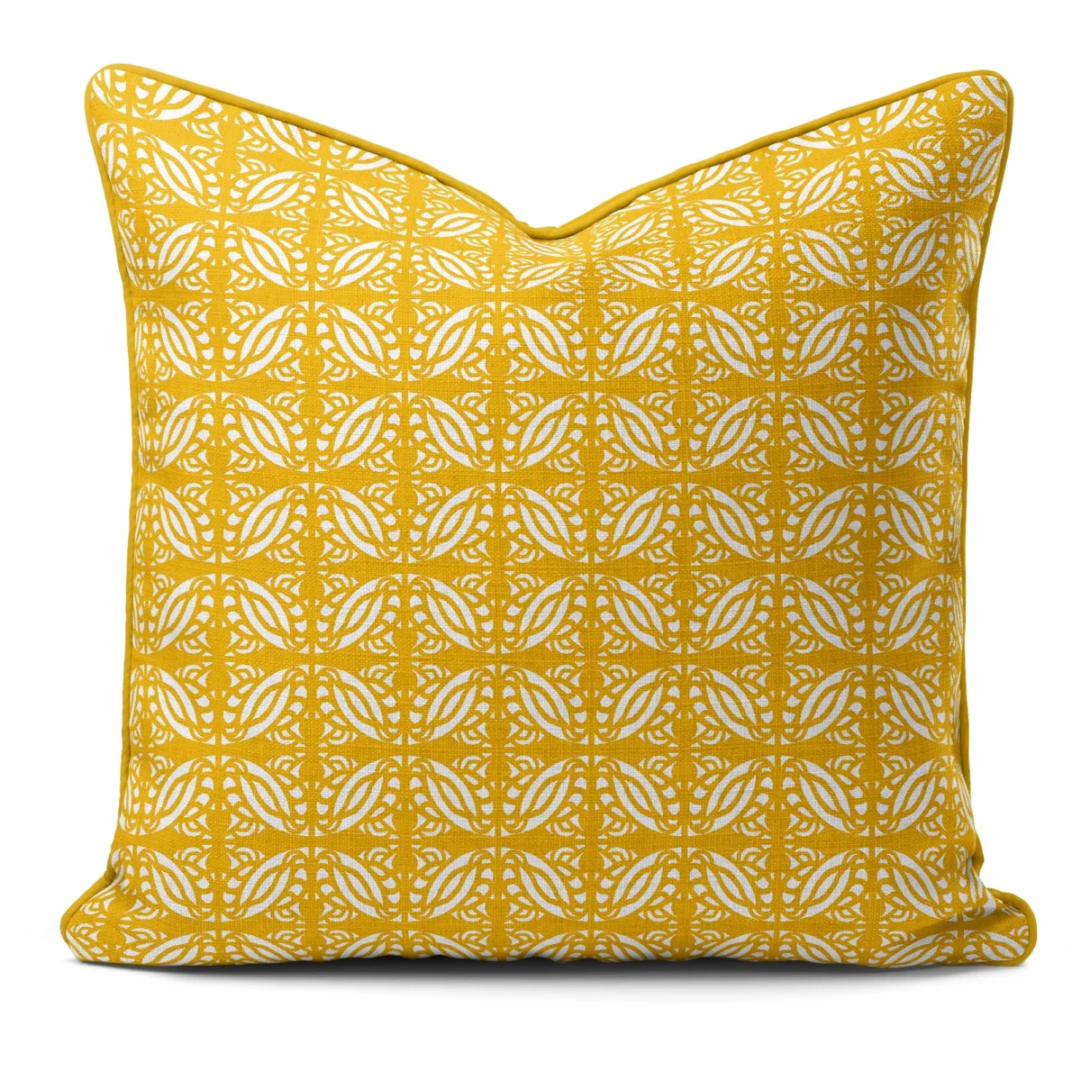 Hand-printed yellow persian love birds cushion, organic fabric