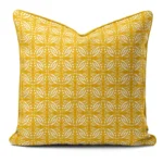 Hand-printed yellow persian love birds cushion, organic fabric
