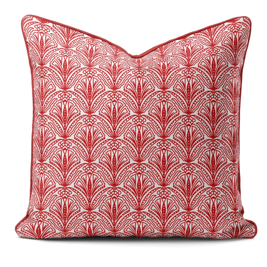 Hand-printed red shiraz bloom cushion, organic fabric