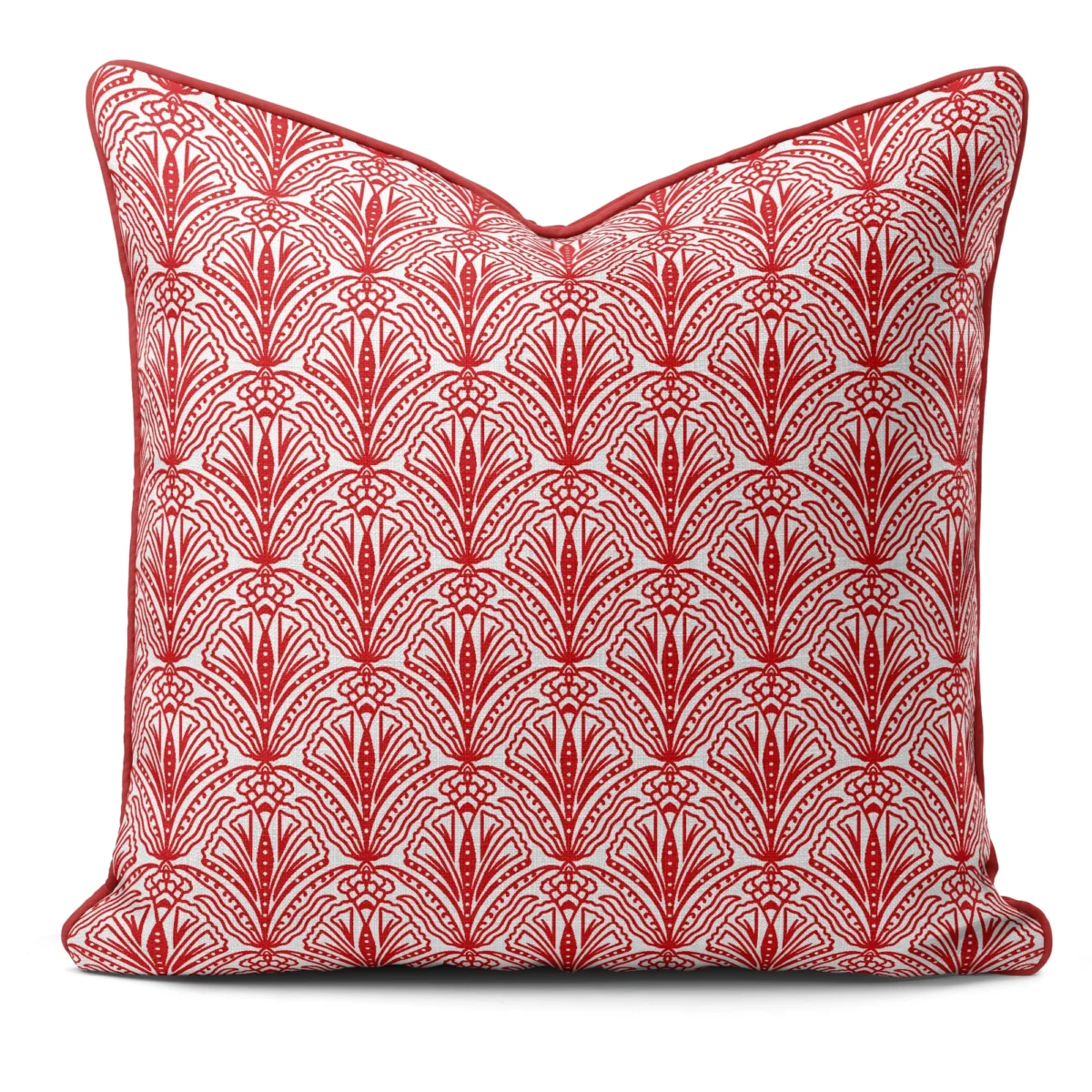 Hand-printed red shiraz bloom cushion, organic fabric