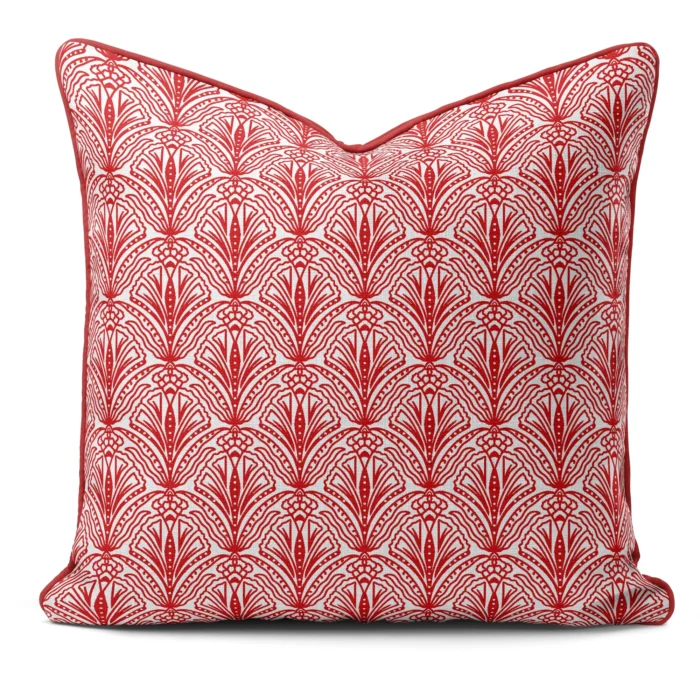 Hand-printed red shiraz bloom cushion, organic fabric