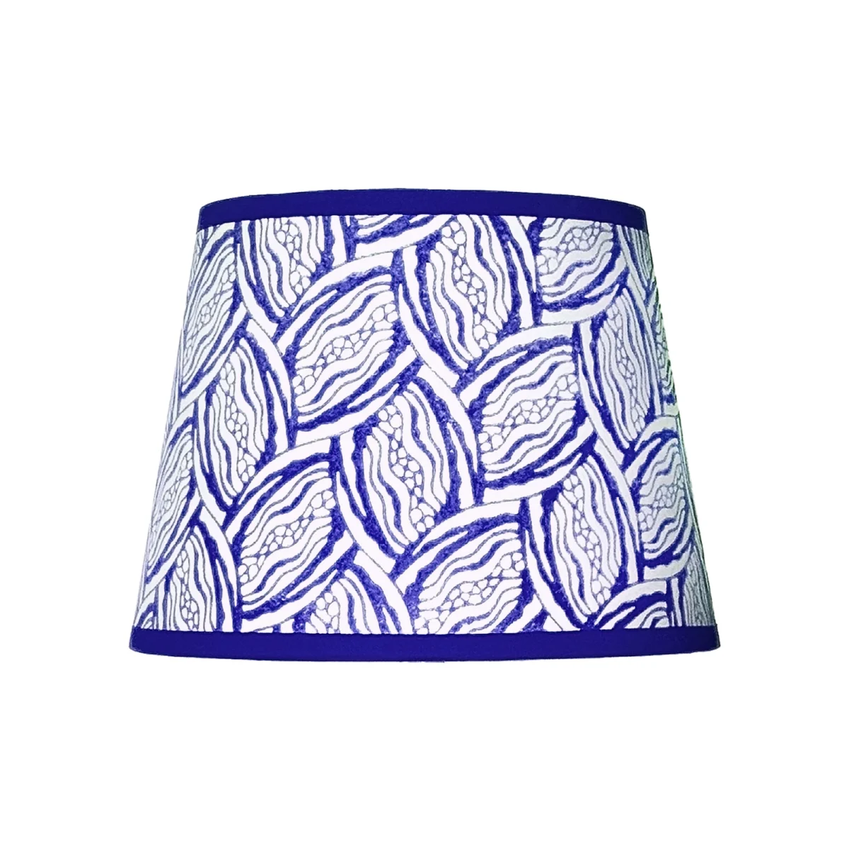 Hand-printed navy blue seed pod lampshade, hand-printed
