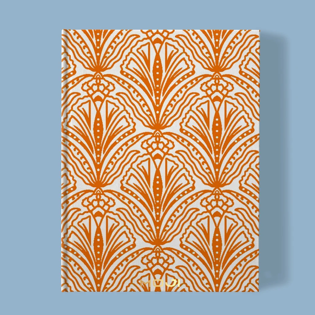 Hand-printed orange shiraz bloom notebook, organic fabric