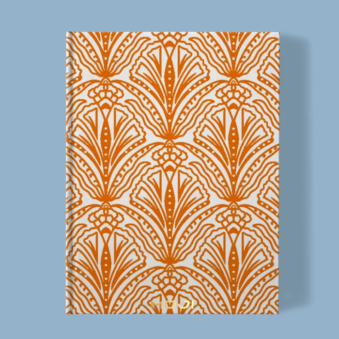 Hand-printed orange shiraz bloom notebook, organic fabric