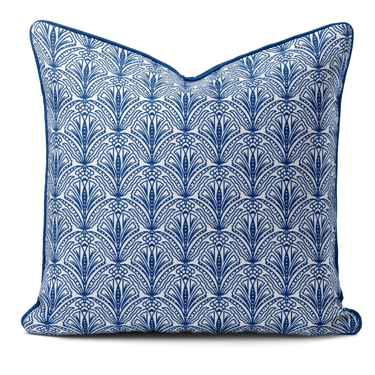 Hand-printed navy blue shiraz bloom cushion, organic fabric