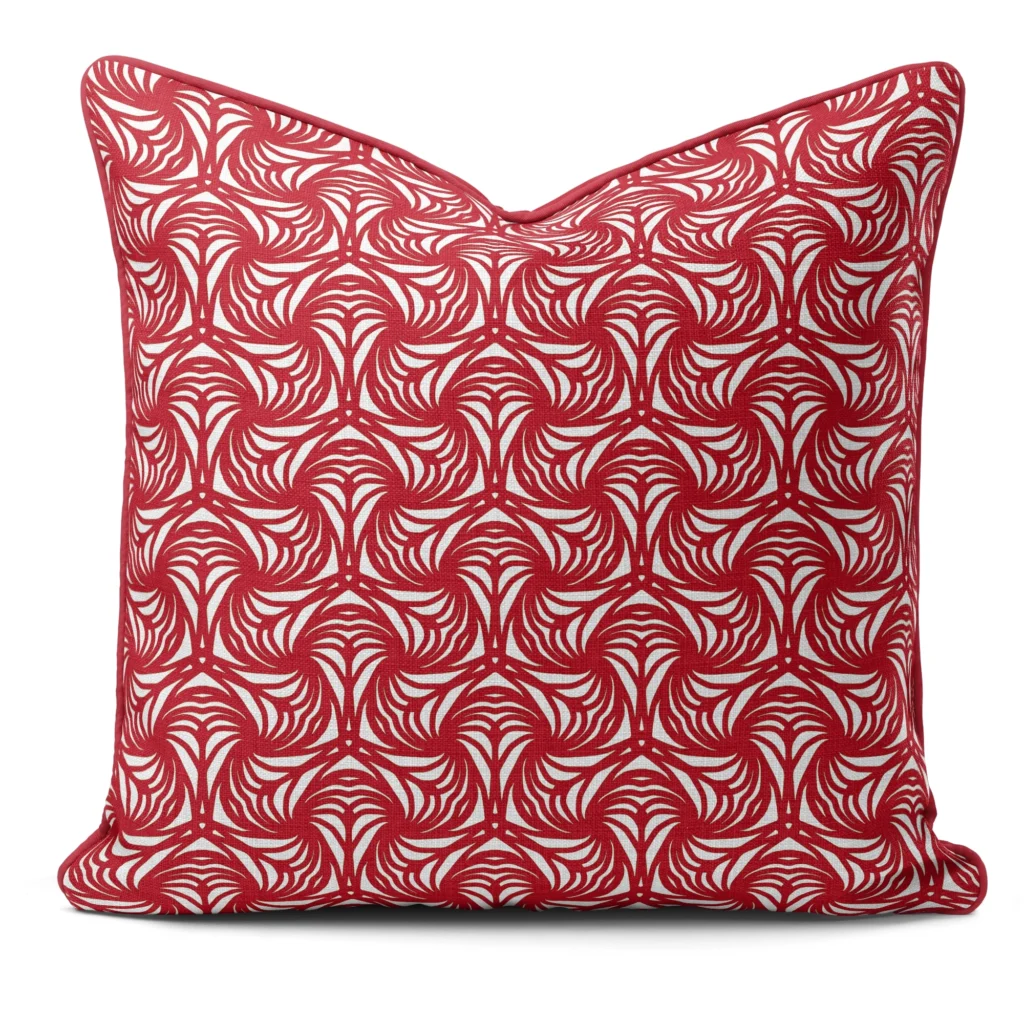 Hand-printed red petal cushion, organic fabric