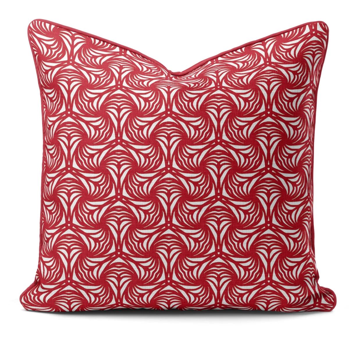 Hand-printed red petal cushion, organic fabric