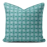 Hand-printed teal Persian Love Birds cushion, organic fabric