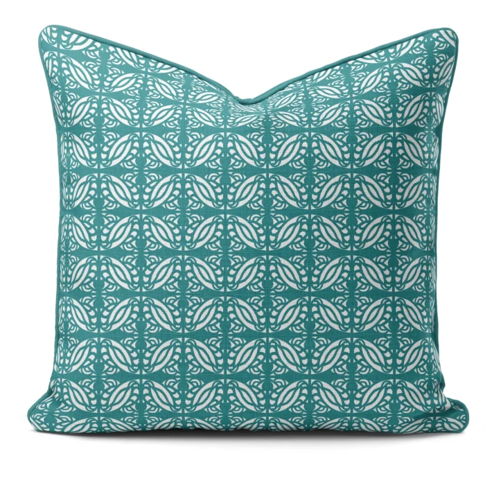 Hand-printed teal Persian Love Birds cushion, organic fabric