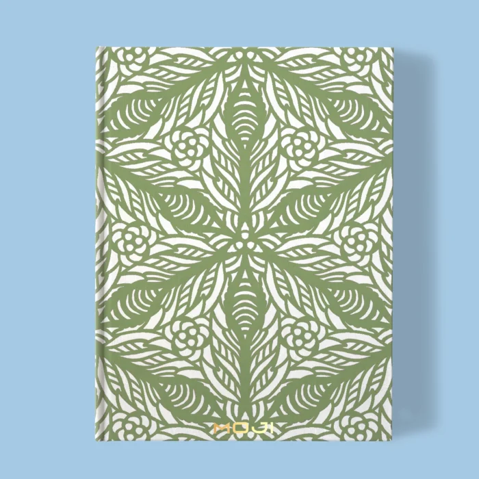 Hand-printed sage green persian lily notebook, organic fabric