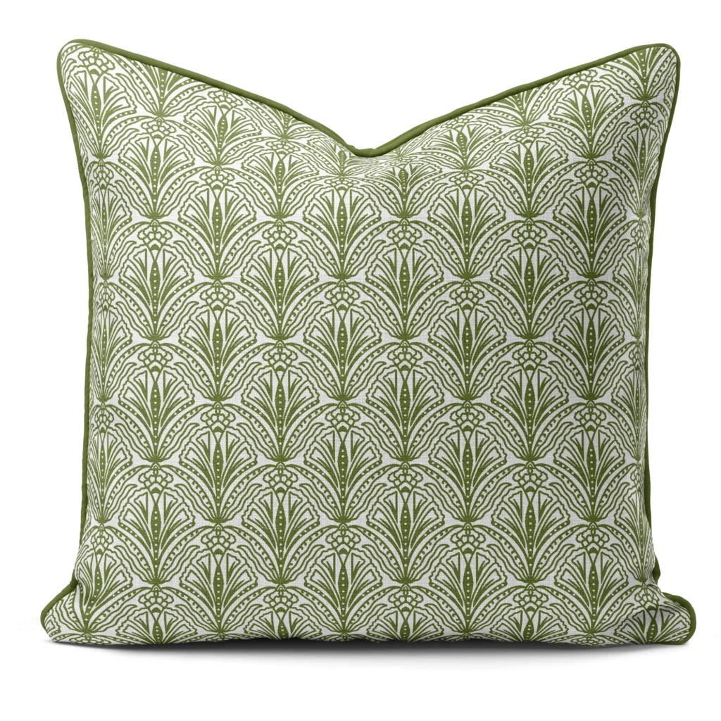 Hand-printed sage green shiraz bloom cushion, organic fabric