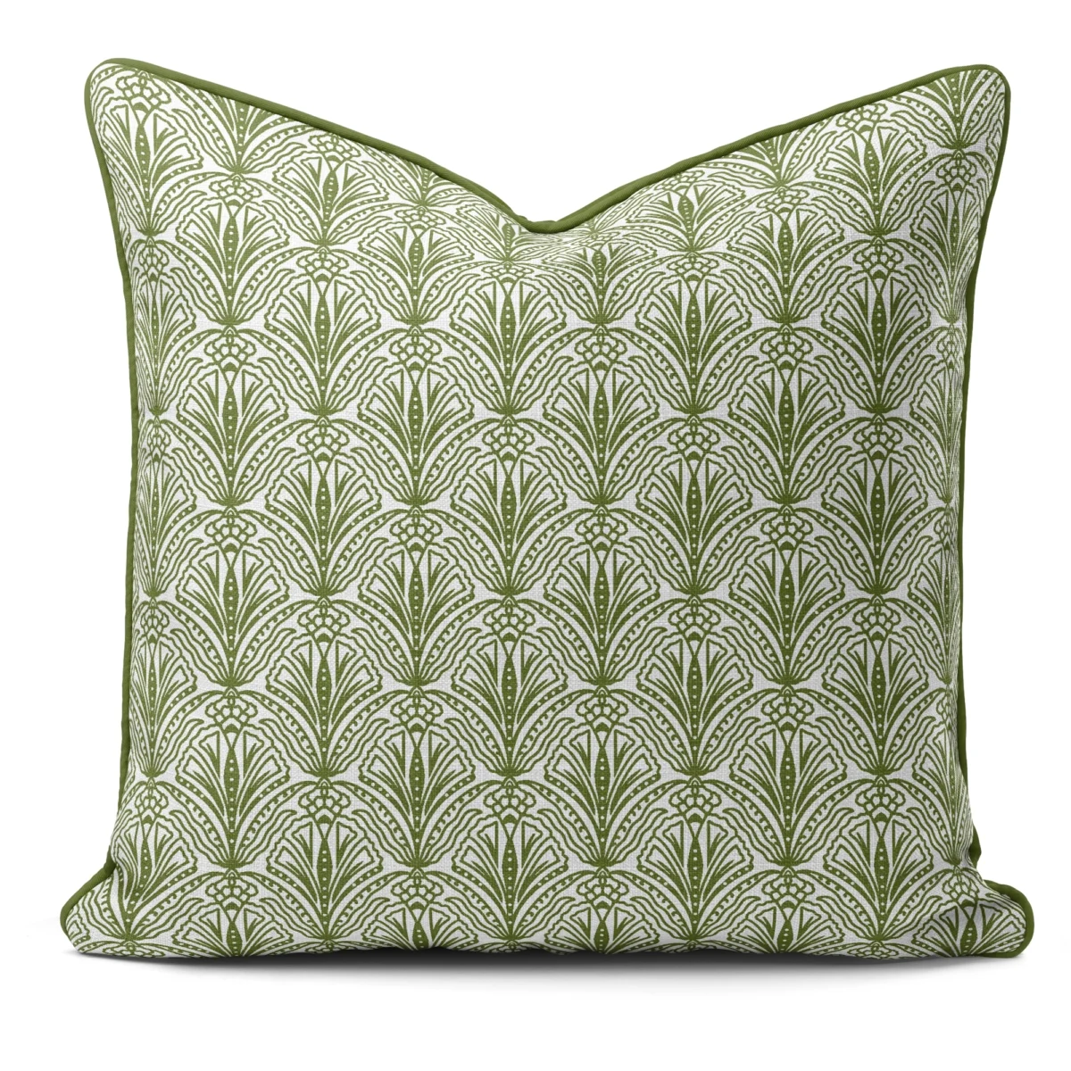 Hand-printed sage green shiraz bloom cushion, organic fabric