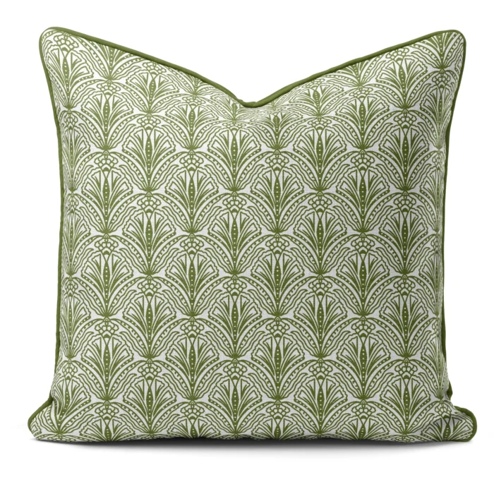 Hand-printed sage green shiraz bloom cushion, organic fabric