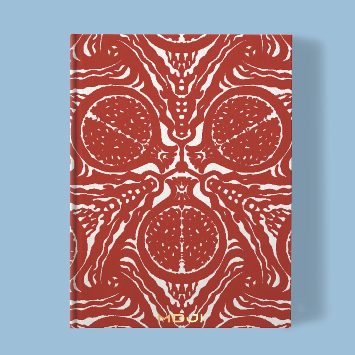 Hand-printed red pomegranate notebook, organic fabric