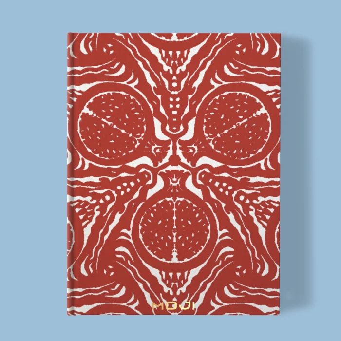 Hand-printed red pomegranate notebook, organic fabric
