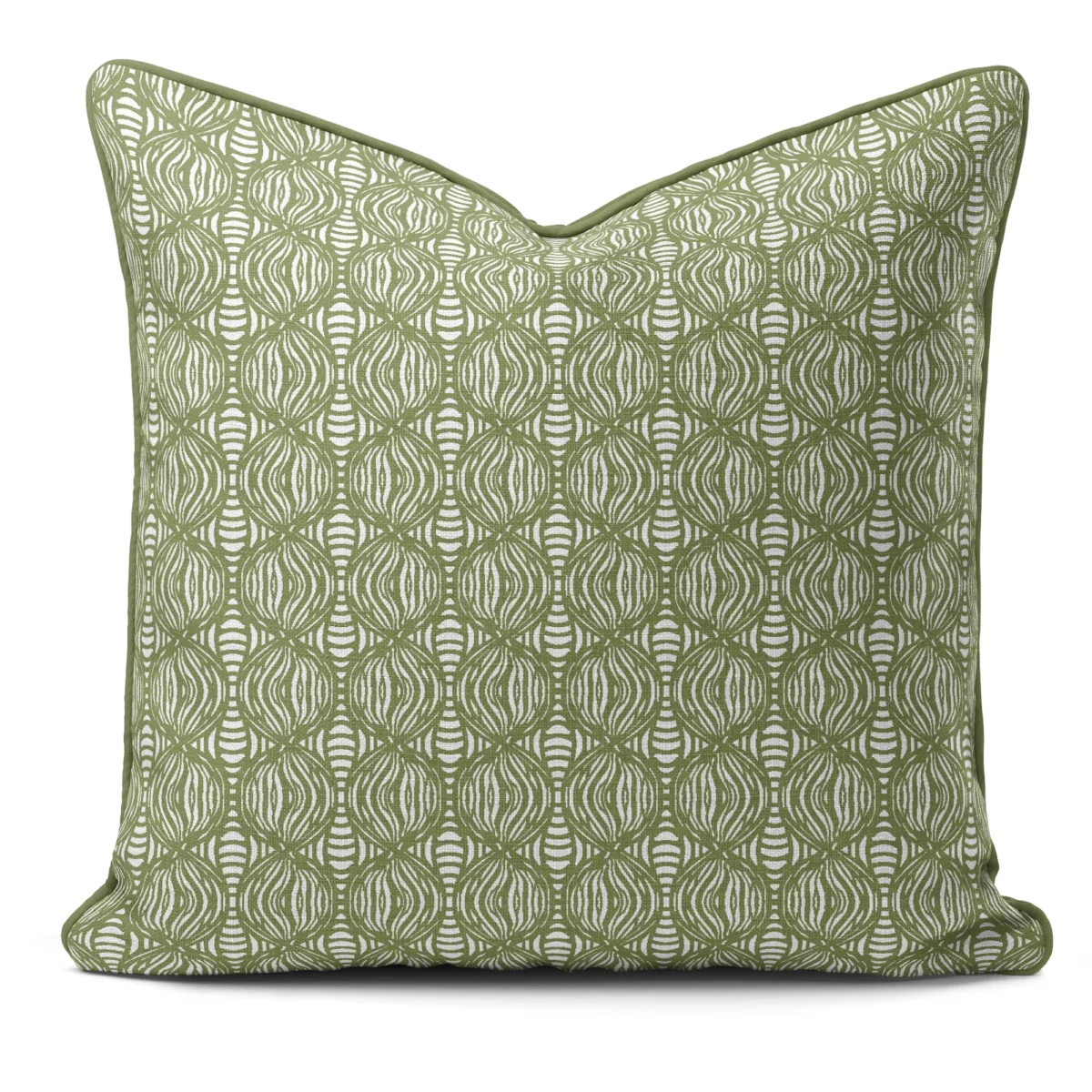 Hand-printed sage green shimmering pearls cushion, organic fabric